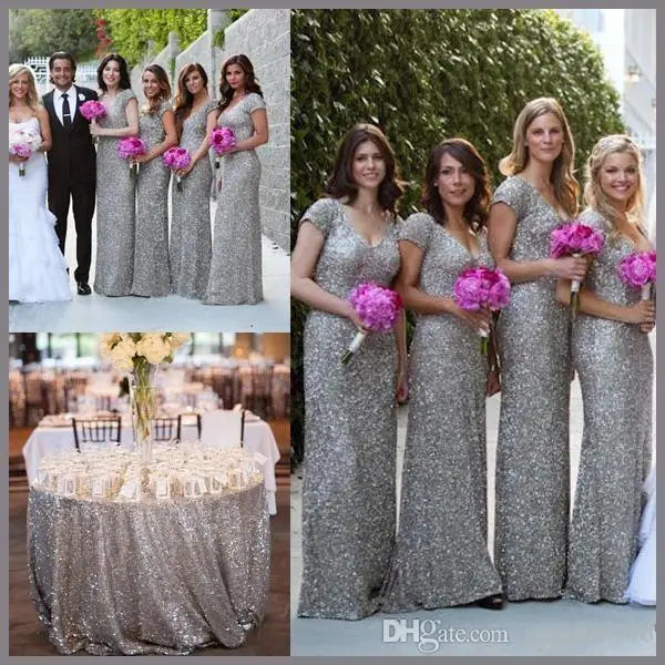 Wejanedress Bling Short Sleeve V Back Long Silver Sequin Wejanedress Bling Short Sleeve V Back Long Silver Sequin Bridesmaid Dresses 2017 Robe Demoie D