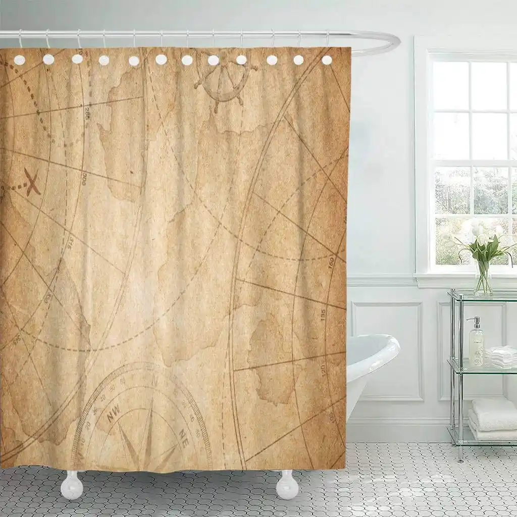 Shower Curtain Brown Vintage Aged Pirates Treasure Map World Old
