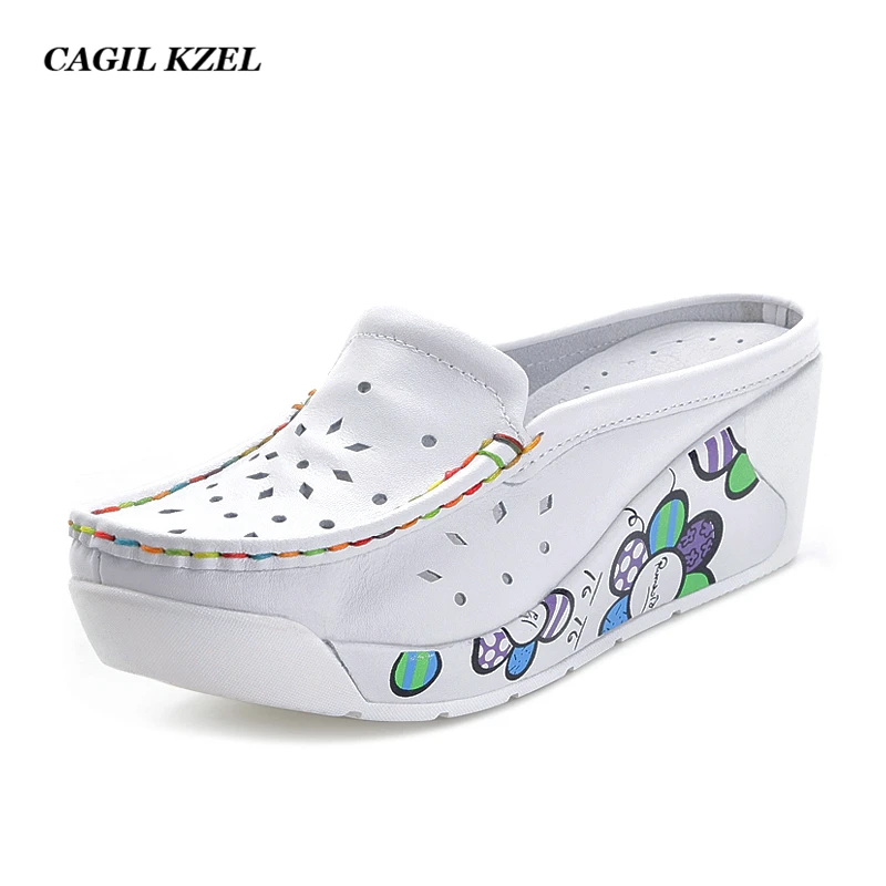 

CAGILKZEL 2019 Summer Women Slippers Genuine Leather Open Toe Flat Platform Shoes Woman Wedges Slippers White Slides Sandals