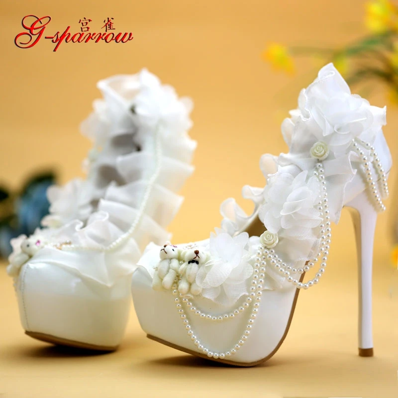 

2017 New White Elegant Fashion Wedding Shoes Lace Pearl Bride Platform Stiletto High Heels Womens Party Pumps 8cm 11cm 14cm