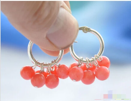 

Free shipping S1580 6mm natural pink coral round dangle earring 925silver
