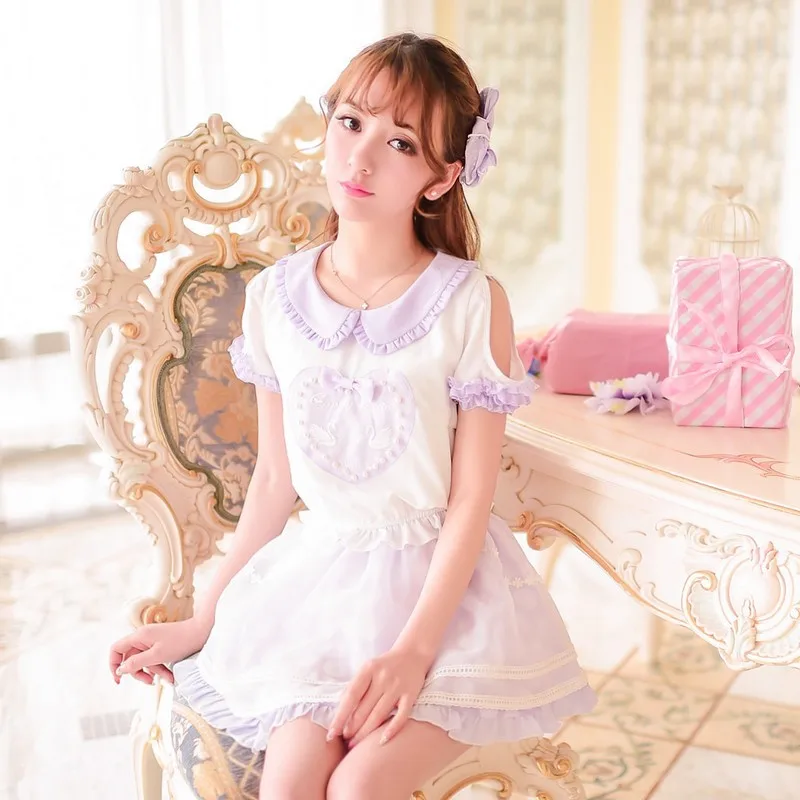 

Princess sweet lolita blouse Candy rain Japanese style summer purple heart embroidery short sleeve chiffon blouse C15AB5715