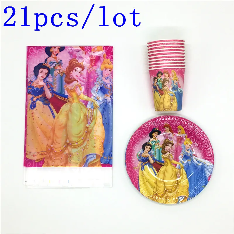 

Hot Sale Disney Six Princess Theme 21Pcs/Lot Princess Belle Theme Paper Tablecloth Plate Cup Theme Party Baby Shower Decoration