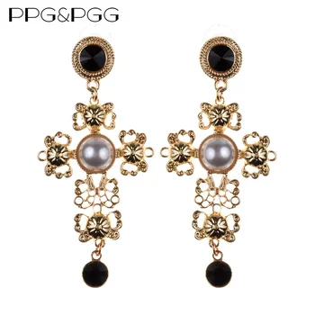 

PPG&PGG Europe Byzantine high quality Retro style dinner party Jesus cross shape Dangle Similar Pearl Earrings Women jewelry