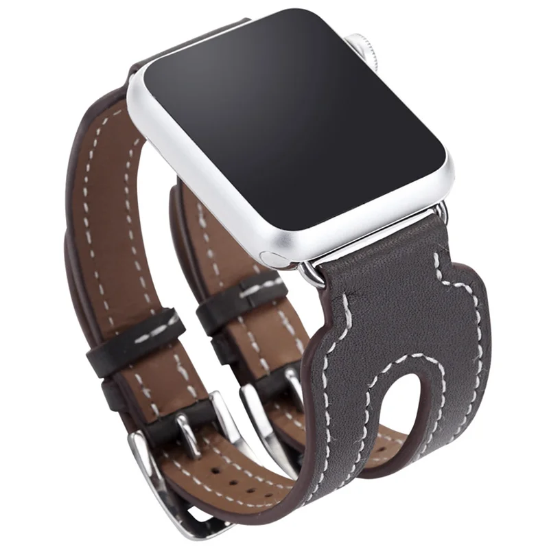 Ремешок манжета из натуральной кожи с двойной металлической пряжкой для Apple Watch