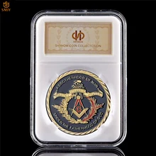 Masón hermandad masónica organización aniversario Logotipo de Metal chapado en oro de las monedas conmemorativas W/caja de la suerte