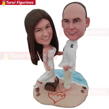 

Beach Wedding Cake Topper Figurine Custom Beach Bobble Head Clay Figurine Based on Customer Photo Wedding Gift Romantic Beach We