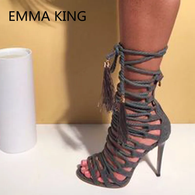 

New Sexy Rope Cross-Tied Women's Gladiator Sandals Open Toe Cut-Out Stiletto High Heels Ladies Summer Runway Shoes Woman Sandals
