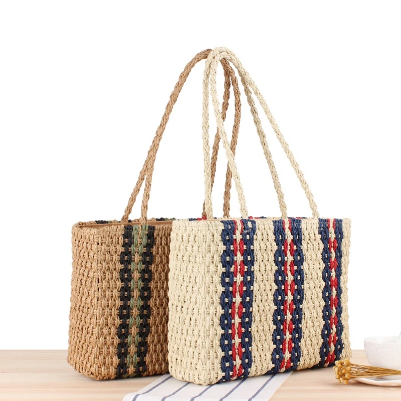 

BEAU-Straw Handbags Rattan Beach Bag Vertical Striped Shoulder Woven Bag Fashion Handbag Summer Vacation Pat Beach Woven Bag