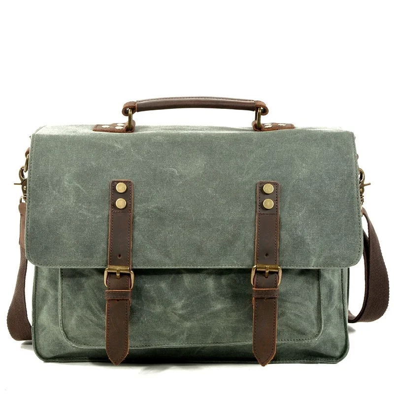 

14" Laptop Bag Male Briefcases Retro Waterproof Canvas Leather Handbags for Men Shoulder Bags Vintage School Work Office Bags