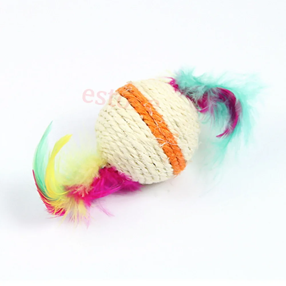 Pet Dog Toys Multicolor Round Cat Feather Sisal Rope Ball Rattle