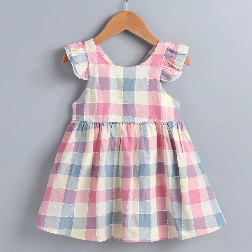 

Summer Sleeveless Plaid Baby Girl Clothes Ruffles Backless Children Dress Pink Baby Dresses Kids Clothing Cotton