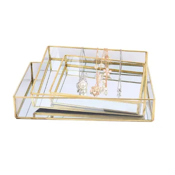 

Nordic Glass Storage Tray Golden Edge Jewelry Plate Modern Creative Hexagonal Desktop Necklace Decorative Mirror Tray Organizer