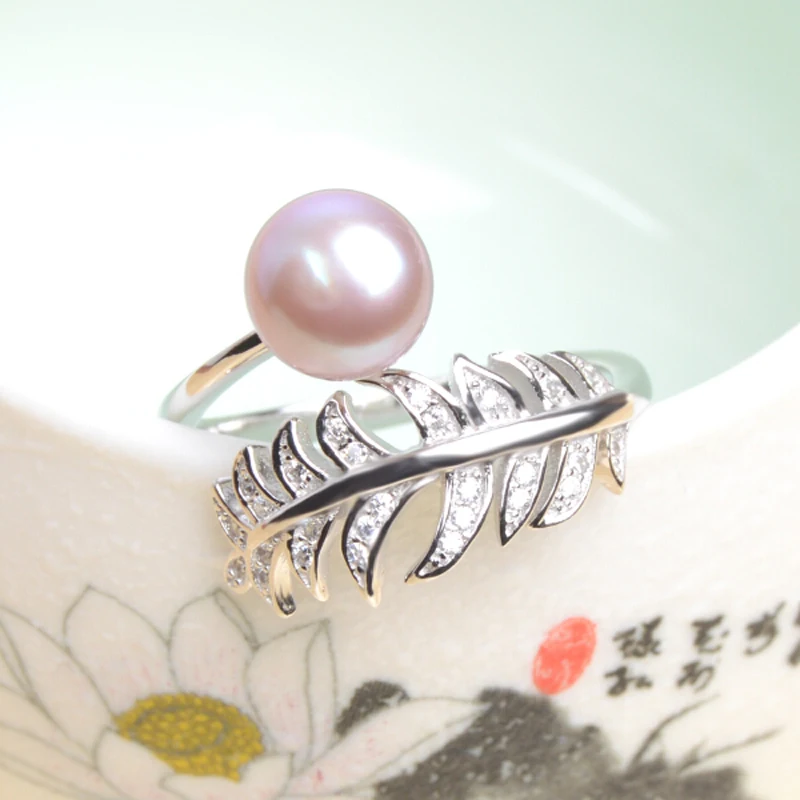 Женское серебряное украшение с натуральным пресноводным жемчугом|feather ring|feather
