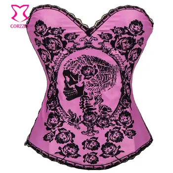 

"Unfailing Love" Pink Skull and Flower Corses Para Mujer Sexy Corset Bustier Burlesque Espartilhos E Corpetes Gothic Clothing