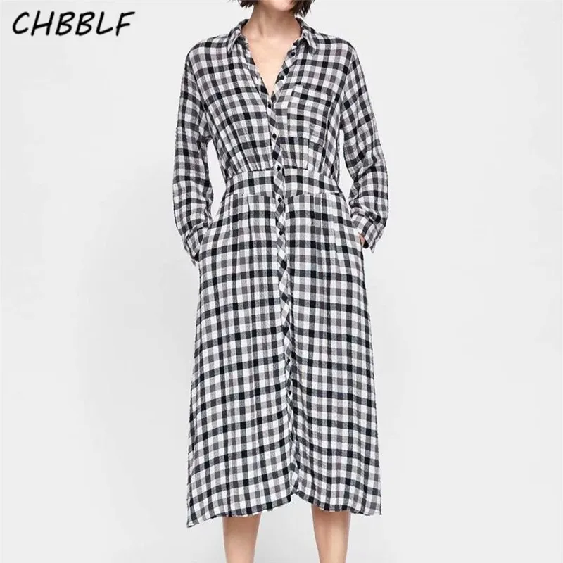 CHBBLF women basic plaid dress long sleeve turn down collar female ...
