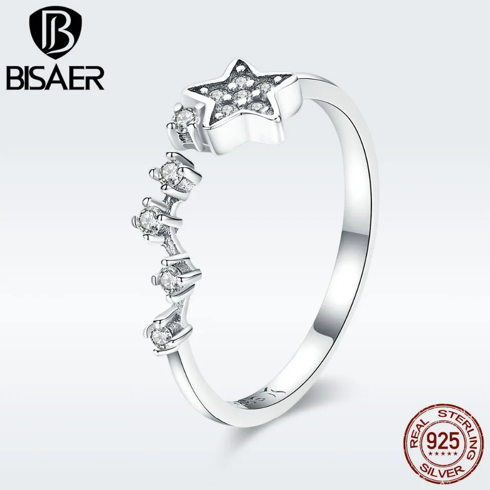 

BISAER Anel 925 Sterling Silver Finger Ring Star Constellation Clear CZ Rings for Women Sterling Silver Wedding Jewelry ECR440