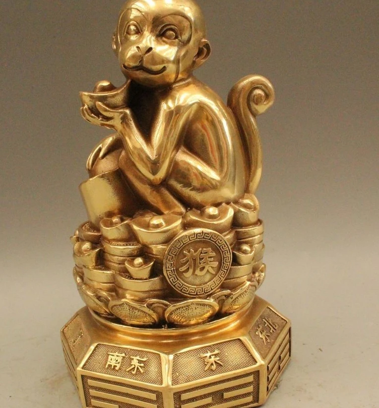 

8" Chinese Fengshui Brass Zodiac Year Monkey Coin Yuanbao Money Wealth Statue