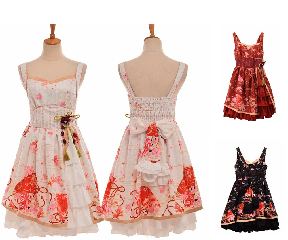 Women Sakura Flowers Print Costume Japanese Vintage Lolita Suspender Dress