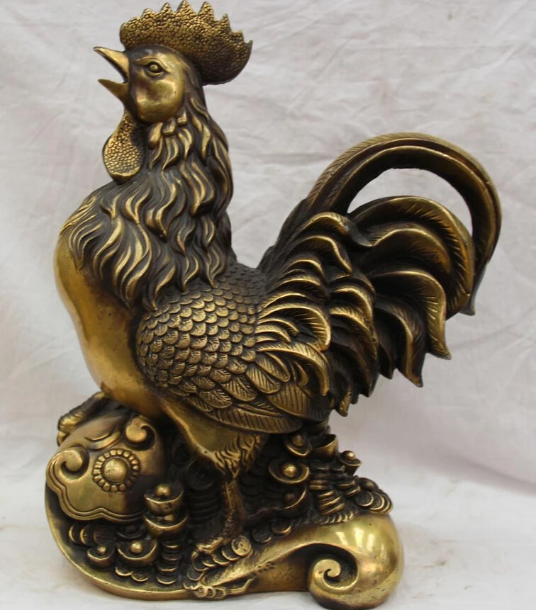 

USPS to USA S2429 14" Chinese Fengshui Copper Zodiac Year Cock Rooster Ru Yi Money Yuanbao Statue B0401