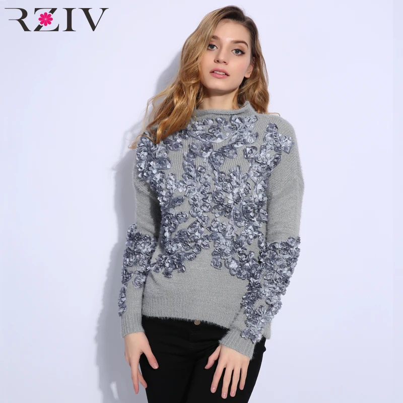 

RZIV Autumn and winter women sweater and pullovers leisure female flowers embroidered patch knitted sweater
