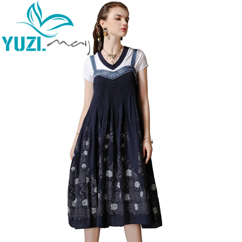 

Летнее платье 2019 Yuzi.may хлопок полиэстер женские платья Цветочная вышивка джинсовое лоскутное платье A82181 платья