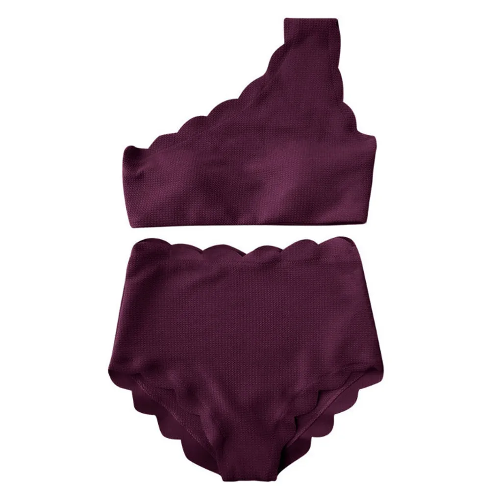 Сексуальные бикини женские купальники винтажный с высокой талией Двухсекционный купальник женский с зубчатой отделкой на одно плечо Бикини Набор Бикини - Цвет: Фиолетовый
