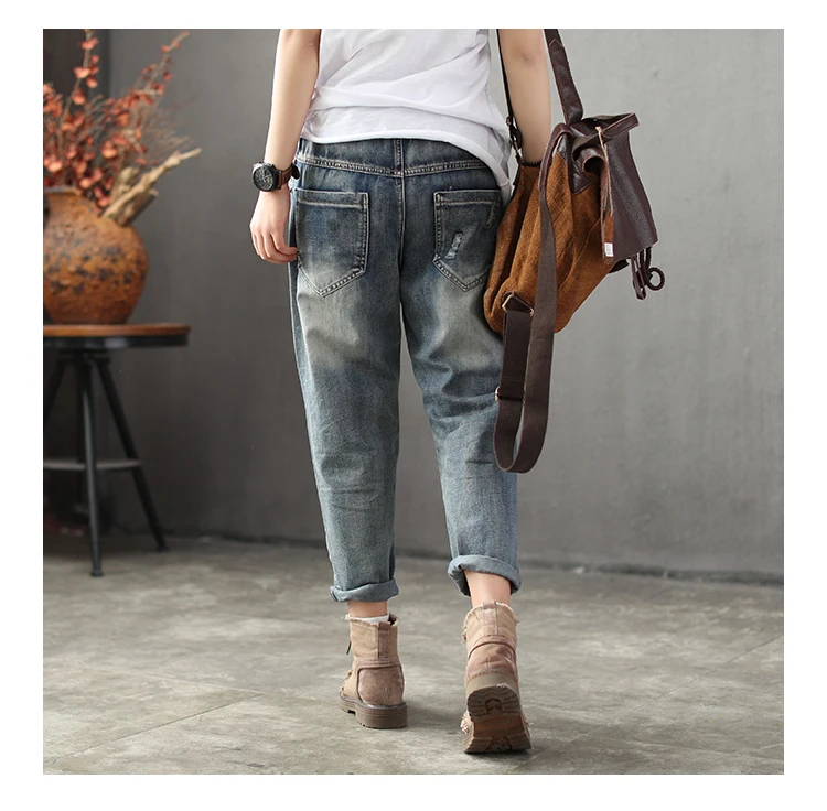 Весенние женские джинсы в стиле ретро с эластичным поясом и эластичной резинкой на талии, новинка, повседневные винтажные брюки с вышитыми цветами и карманами