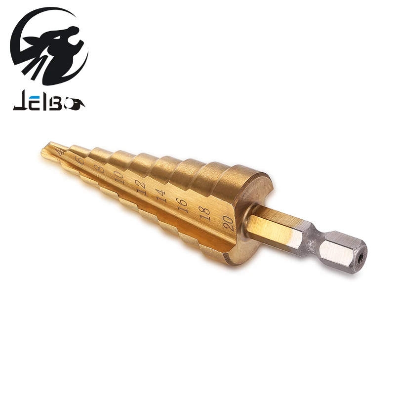 Jelbo Taper Drills 4-20mm Step Drill Bit Power Tools HSS Titanium Coated Cone Step Drill Sharpening Hole Countersink Bit Wood 