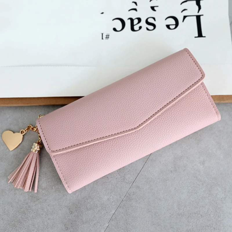 light pink Длинный женский кошелек, женские кошельки с кисточками, кошелек для монет, держатель для карт, женские кошельки из искусственной кожи, клатч, сумочка для денег, кошелек из искусственной кожи - Цвет: light pink