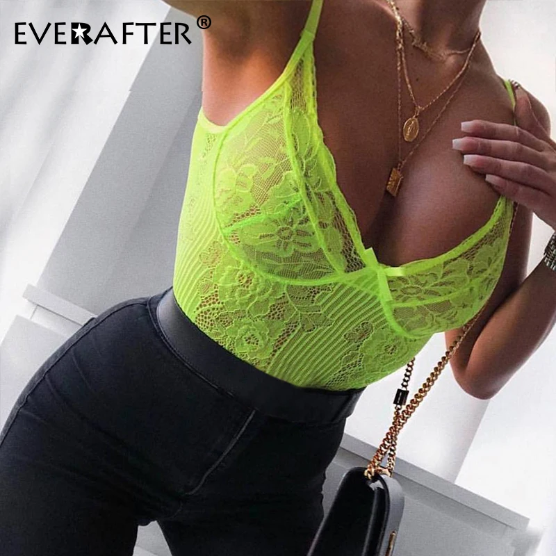 EVERAFTER الأزياء النيون مثير بودسوت/ بدلة الجسم المصنوعة من الدانتيل المرأة القوس عارية الذراعين شاش شفاف الزهور سلسلة الأشرطة داخلية بذلة السا...