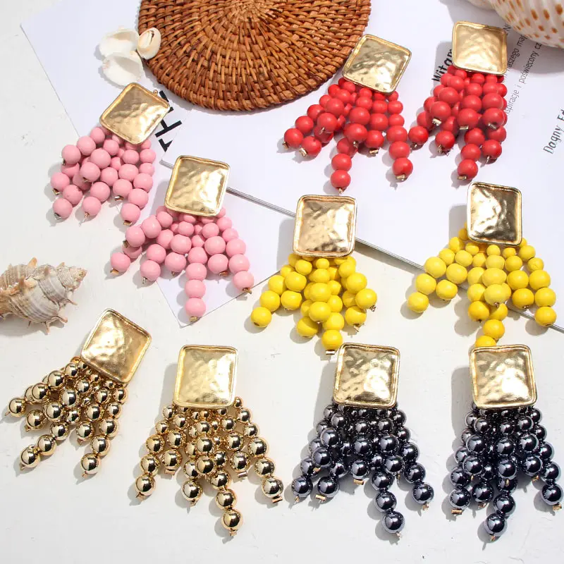 Flatfoosie Alloy Beaded Fringed Drop Earrings For Women Wooden Big Large Tassel Ethnic Dangle Earring Bohemian Unique Jewelry