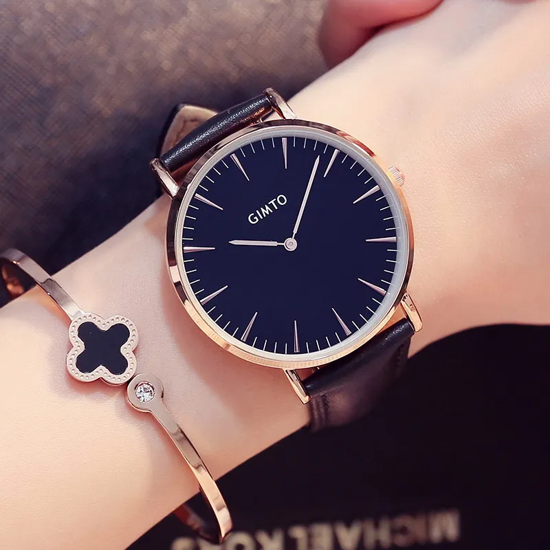 Fashion Simple Design Women Watches GIMTO Brand Wrist Watch Pink Leather Strap Luxury Clock For Ladies Quartz-watch Wristwatches