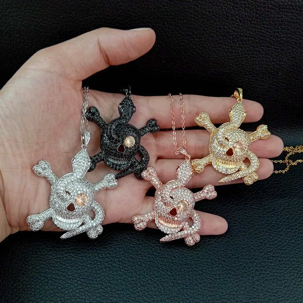 

1pc 42x45mm Mixed Color golden plated Cz micro skull pendant chain necklace