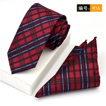 

SCST Brand New Gravata Red Plaid Print Slim Men's Neckties Skinny Ties For Men Silk Tie With Match Pocket Square 2pcs Set CR060