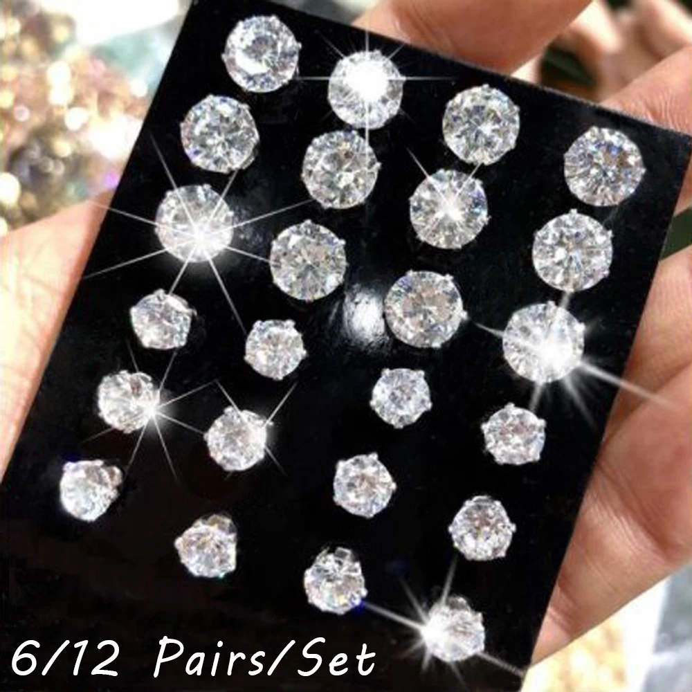 

6/12 Pairs Elegant Exquisite Geometric Crystal Wedding Stud Earrings Set Simple Women Alloy Silver Zircon Ear Studs Sets Gift