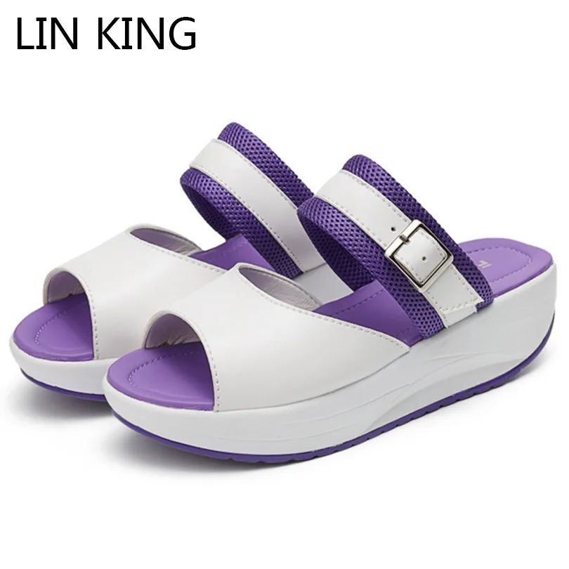 LIN KING Thick Sole Wedges Women Slippers Buckle Height Increasing ...