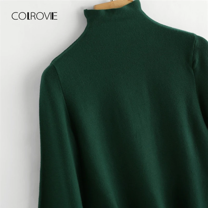 COLROVIE Black Casual High Neck Flounce Camel Women Sweater 2018 Autumn Green Solid Stretchy Sweater Classic Pullovers Jumper