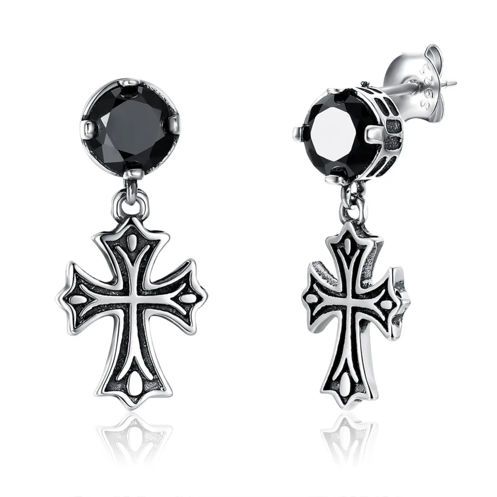 Kalapure Vintage Boho Cross Stud Earrings 925 Sterling Silver Black Crystal Cubic Zirconia Round