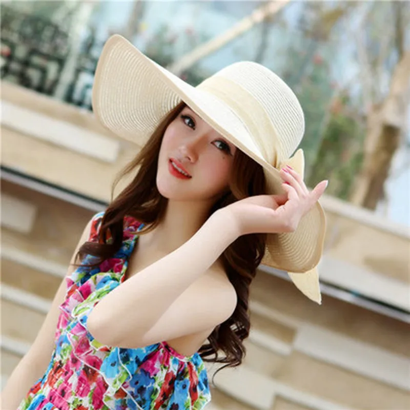 Летняя соломенная широкополая шляпа с большими полями, шляпа от солнца с широкими полями, пляжные складные шляпы с бантом, новинка - Цвет: White