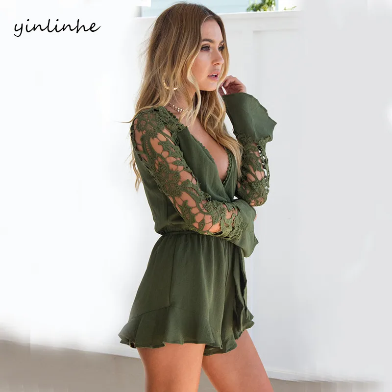 Женский кружевной комбинезон yinlinhe красный короткий с длинным рукавом фонариком