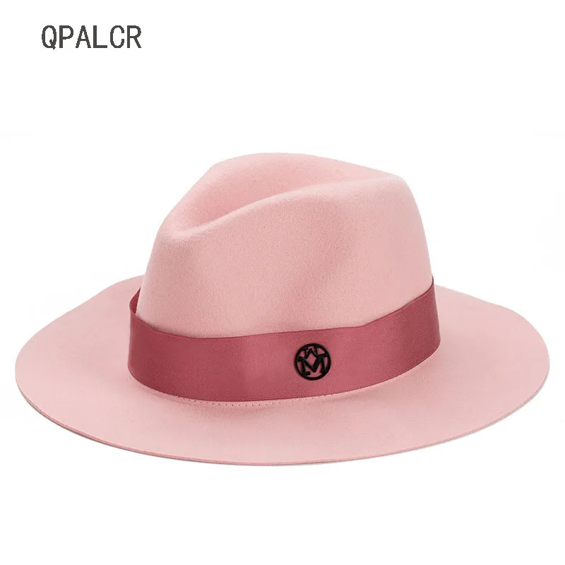

QPALCR New Pure Wool Fedoras Hat Wide Brim Jazz Hats For Women Men Wool Felt Hats Autumn Winter Classic Pink Gray Church Caps