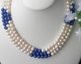 

FREE SHIPPING Beautiful 3stands lapis lazuli FW White Pearl Necklace AAA