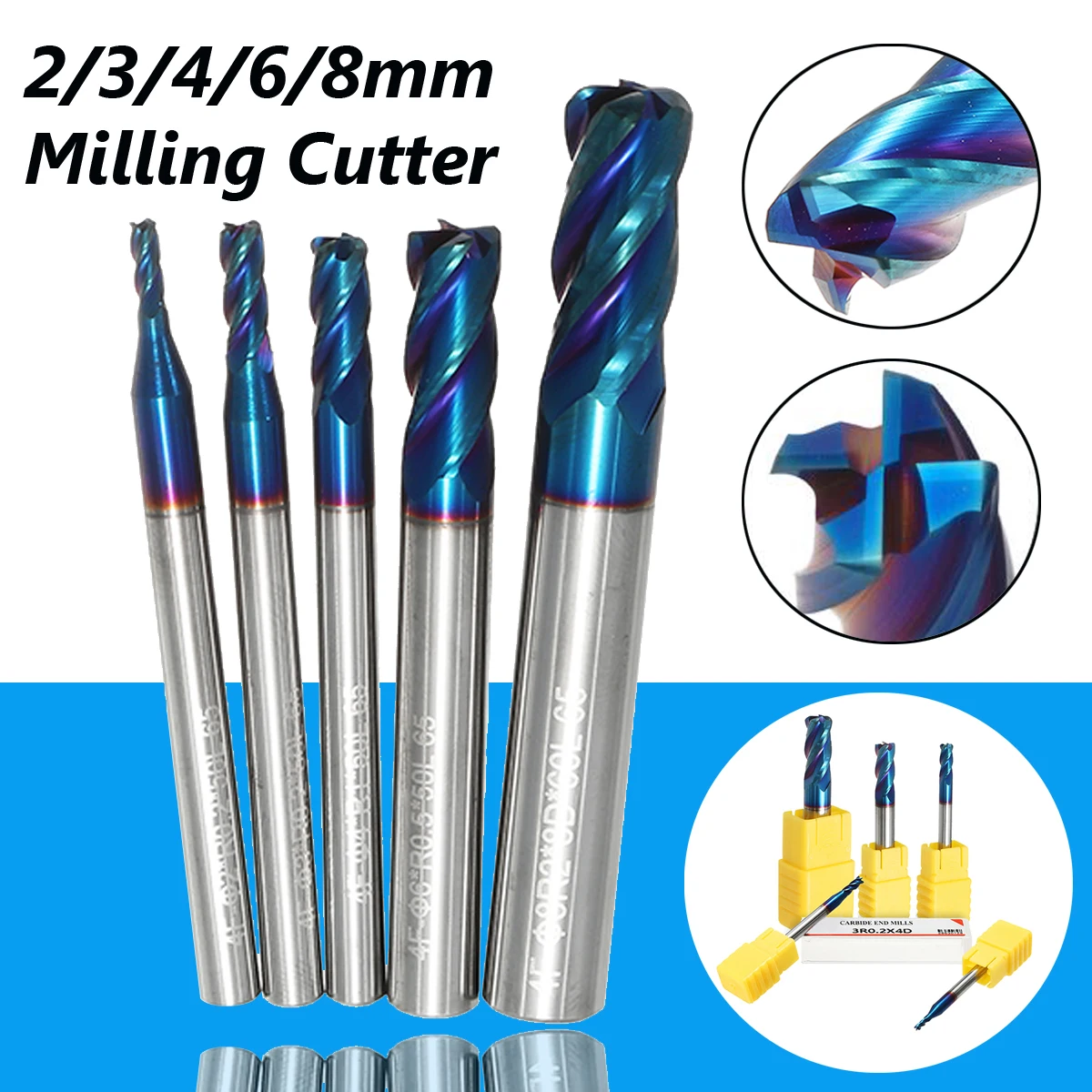 

4 Flutes Round Nose End Milling Cutter Tungsten Carbide NACO-blue Coated 2R0.2-8R2.0 HRC65 End Mill