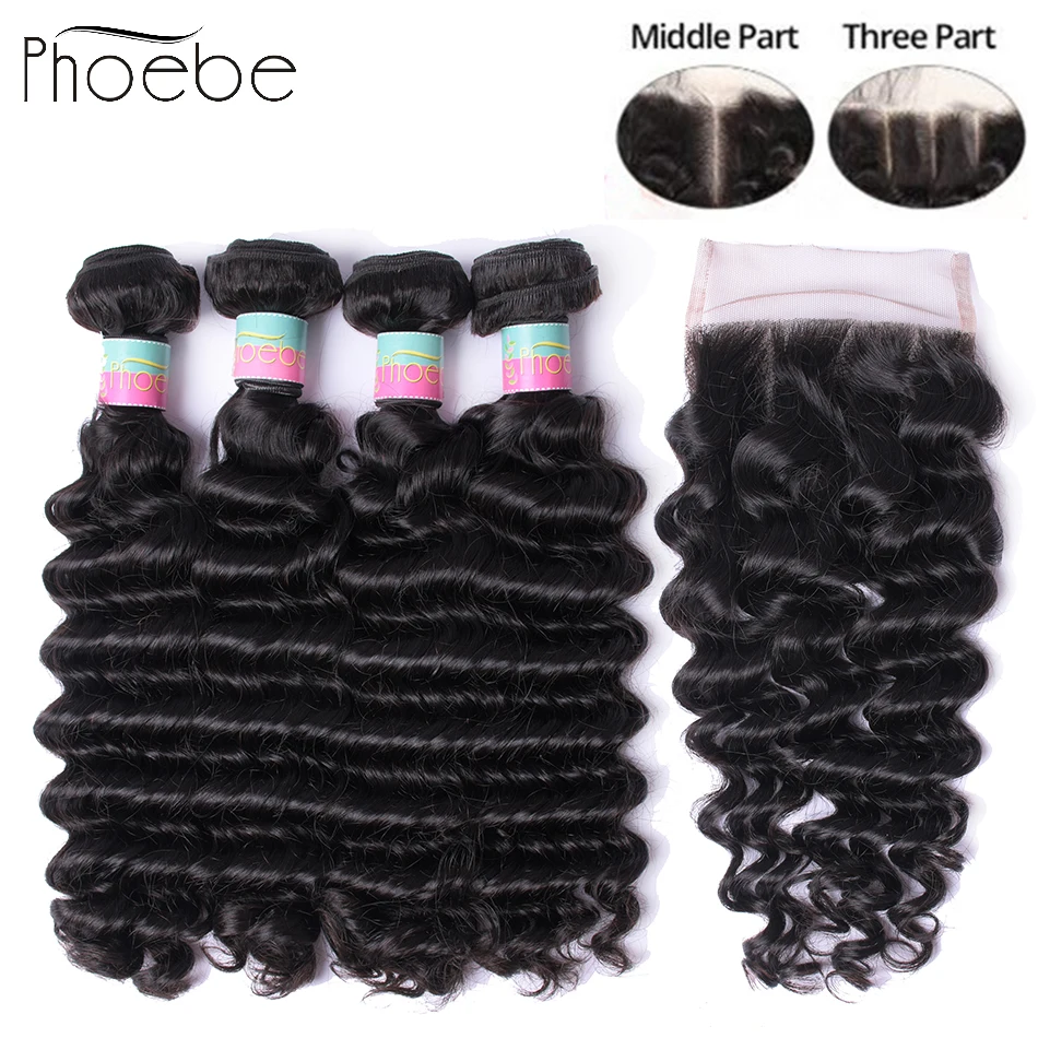 Pаспродажа Фиби волосы предварительно Цвет ed 5 шт. натуральный Цвет глубокая волна 4 Связки с 4*4 закрытия шнурка перуанский не Реми человеческие волосы ...