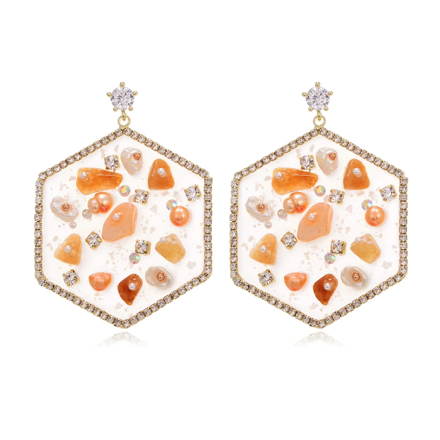 Hexagon Orange Stone Drop Earrings For Women New Copper Crystal Pearl Earring Fashion Jewelry pendientes mujer 2020 D20 | Украшения и