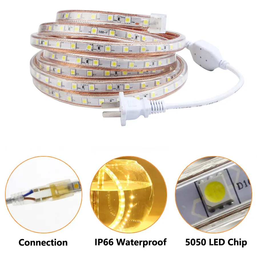 220 V Светодиодные ленты светильник SMD 5050 60 светодиодный s/m Водонепроницаемый IP67 220 вольт лента Диодная лента полоска светодиодный светильник s Мощность штекер Гостиная