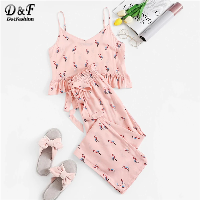 Dotfashion Pink Flamingo Print Ruffle Cami And Drawstring Pants PJ Set 2019 Casual Pajamas For Women Summer Sleeveless Nightwear
Dotfashion Pink Flamingo Print Ruffle Cami And Drawstring Pants PJ Set 2019 Casual Pajamas For Women Summer Sleeveless Nightwear