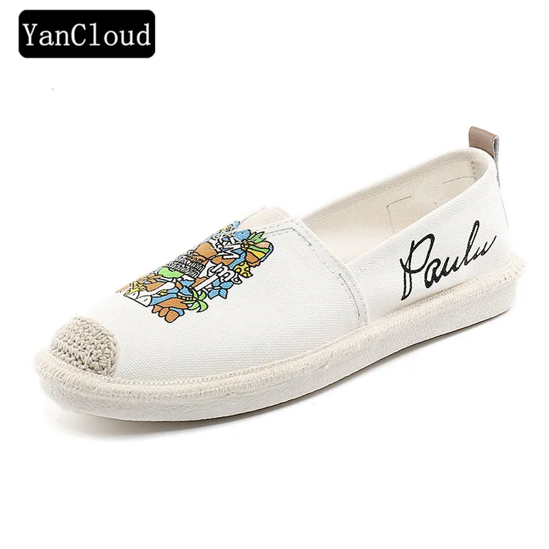 Ceny Słodkie damskie płaskie buty letnie 2019 oddychające Graffiti espadryle z materiału damskie mokasyny Slip on buty damskie mieszkania białe