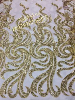 

African embroidered mesh material glued glitter French net lace fabric BZL-82787 in gold color for wedding dress